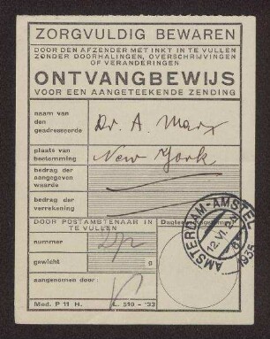 Quittung für ein Einschreiben an Alexander Marx (1878-1953) in New York City