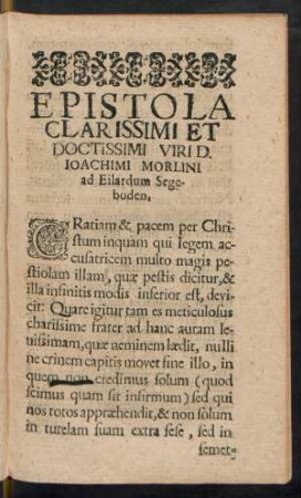 Epistola Clarissimi Et Doctissimi Viri D. Ioachimi Morlini ad Eilardum Segeboden.
