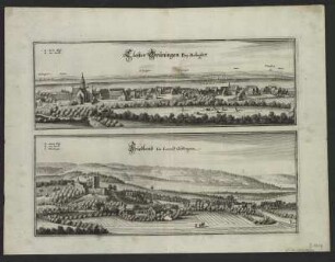Ansichten von Kloster Gröningen bei Halberstadt und Friedland (Niedersachsen), Stich, 1654 : Closter Grüningen Bey Halberstatt. Friedland im Landt Göttingen. - [Franckfurt] : [Merian] , [1654]. - 2 Vogelschaupläne auf 1 Bl. : Kupferst. ; Blattgr. 39 x 29 cm +++ Mit Erl.. - Auch enth. in : Topographia vnd Eigentliche Beschreibung Der Vornembsten Stäte, Schlösser auch anderer Plätze vnd Örter in denen Hertzogthümer[n] Braunschweig vnd Lüneburg, vnd denen dazu gehörende[n] Grafschafften Herrschafften vnd Landen / [Text: Martin Zeiller]. Matthaeus Merian Inventor et Sculpsit
