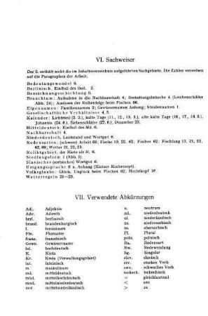 VI. Sachweiser ; VII. Verwendete Abkürzungen