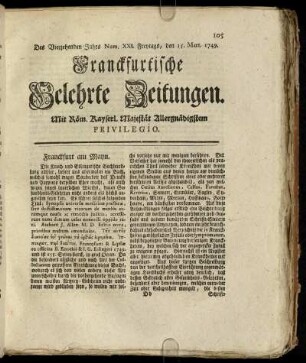Num. XXI. Freytags, den 15. Mart. 1749 - Num. XXX. Dienstags, den 15. Apr. 1749