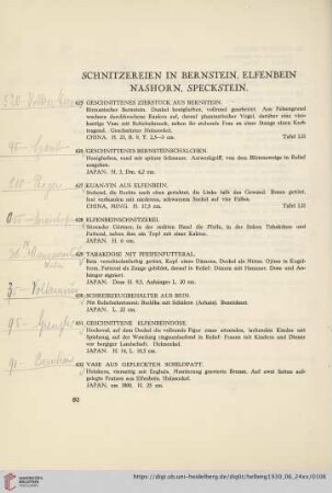Schnitzereien in Bernstein, Elfenbein, Nashorn, Speckstein (Nr. 625-642)