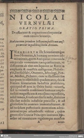 Oratio Prima. De affinitate & cognatione eloquentiae cum caeteris Scientijs