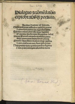 Dialogus recom[m]e[n]dat[i]o[n]is exprobat[i]o[n]isq[ue] poetices