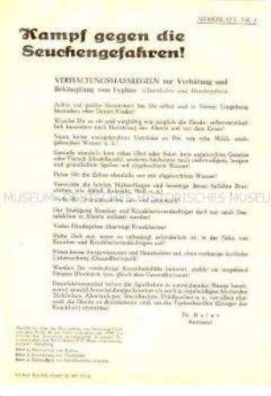 Merkblatt mit Verhaltensmaßregeln zur Verhütung und Bekämpfung von Typhus