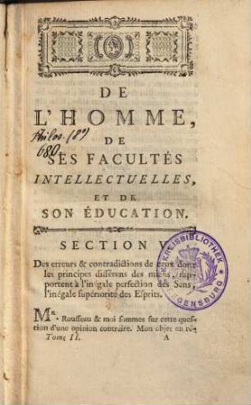 De L'Homme, De Ses Facultés Intellectuelles Et De Son Éducation, 2