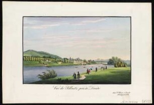 Ansicht des Schlosses Pillnitz, Stich, um 1835 : Vue de Pillnitz prés de Dresde. - Dresde : C. F. Meser , [um 1835]. - 1 Kunstblatt : Stich, koloriert ; Blattgröße 14 x 21 cm, Bildgröße 9,2 x 15 cm