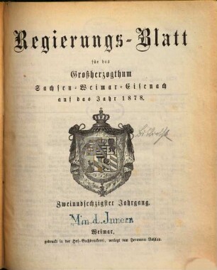 Regierungsblatt für Sachsen-Weimar-Eisenach : auf das Jahr .... 1878 = Jg. 62