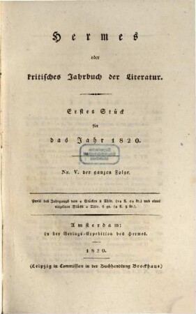 Hermes oder kritisches Jahrbuch der Literatur. 1820,1