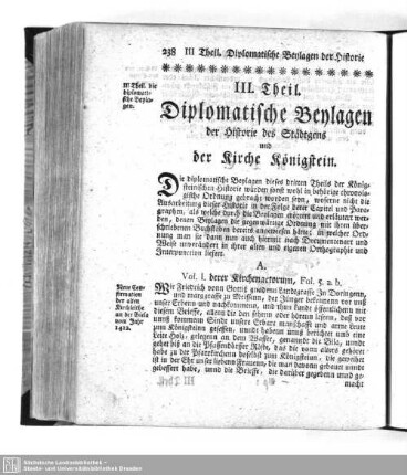 III. Theil. Diplomatische Beylagen der Historie des Städtgens und der Kirche Königstein
