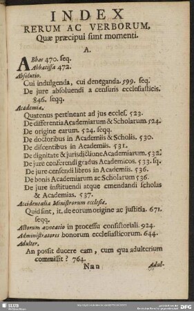 Index Rerum Ac Verborum, Quae praecipui sunt momenti