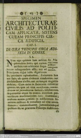 Specimen Architecturae Civilis Ad Politicam Apllicatae, Sistens Curam Principis Circa Aedificia