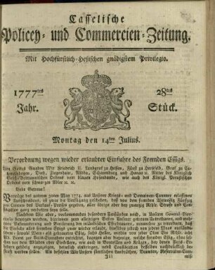 28tes Stueck, Montag den 14ten Julius 1777