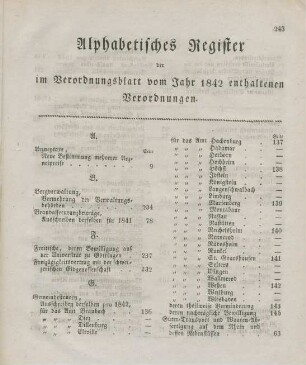 Alphabetisches Register der im Verordnungsblatt vom Jahr 1842 enthaltenen Verordnungen
