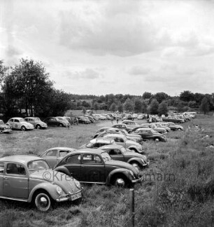 Großensee: Südufer: links und Mitte Parkplatz an der Trittauer Straße mit Pkws: rechts Liegewiese mit Badegästen auf Decken: hinten Wald