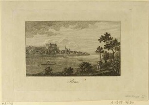 Stadtansicht von Pirna mit dem Sonnenstein und der Marienkirche, Blick aus nordöstlicher Richtung über die Elbe