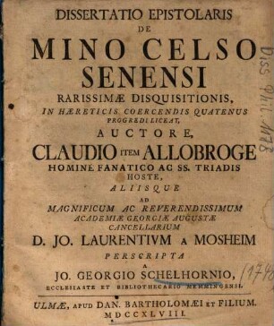 Dissertatio Epistolaris De Mino Celso Senensi