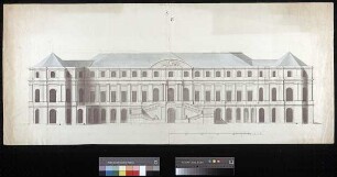Aufriss einer Außenseite eines quadratischen Schlossneubaus mit Freitreppe