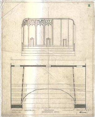 Littmann, Max; Münster; Stadthalle, Festsaalbau - Aufstellbare Wand, Orchester (Grundriss, Schnitt)