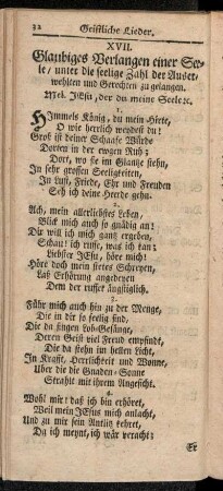 XVII. Glaubiges Verlangen einer Seele/ unter die seelige Zahl der Auserwehlten und Gerechten zu gelangen.
