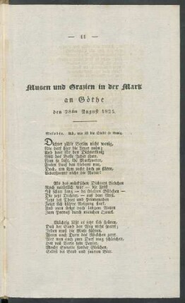 Musen und Grazien in der Mark an Goehte den 28sten August 1825.