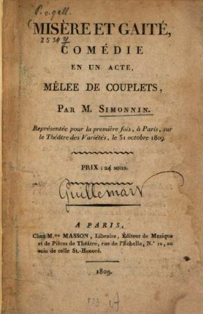 Misère et gaîté : Comédie en un acte, mêlée de couplets