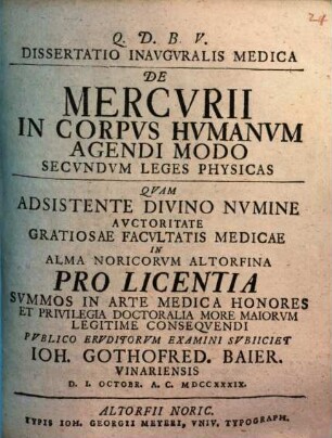 Dissertatio Inavgvralis Medica De Mercvrii In Corpvs Hvmanvm Agendi Modo Secvndvm Leges Physicas