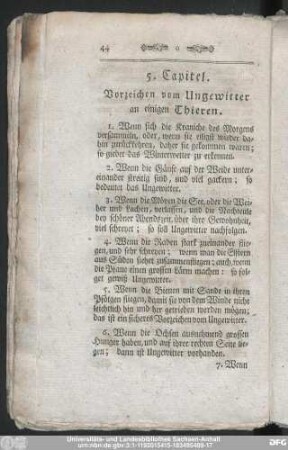5. Capitel. Vorzeichen vom Ungewitter an einigen Thieren.