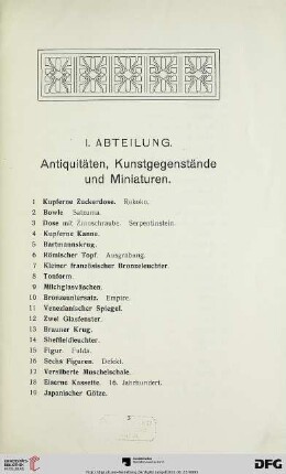 Antiquitäten, Kunstgegenstände und Miniaturen (Nr. 1-275)