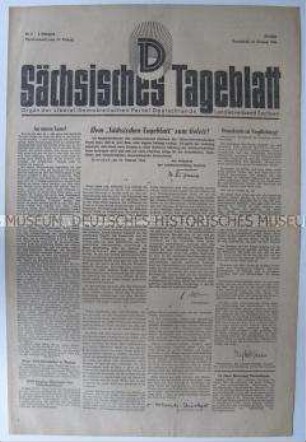 Erste Ausgabe der Tageszeitung der LDPD Sachsen "Sächsisches Tageblatt"