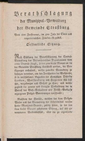 Berathschlagung der Munizipal-Verwaltung der Gemeinde Straßburg, Vom 8ten Frostmonat, im 5ten Jahr der Einen und unzertrennlichen Franken-Republik