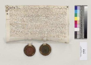 Das Reichsstift St. Emmeram und das Kloster Prüfening einigen sich über den Unterhalt der Uferbefestigung an der Donau beim Kloster Prüfening. S1: Romanus I. Schneidt, Abt von Kloster Prüfening. S2: Konvent des Klosters Prüfening