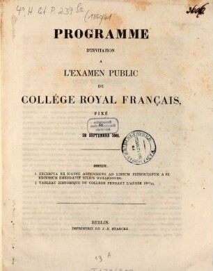 Programme d'invitation à l'examen public du Collège Royal Français. 1860/61 (1861)