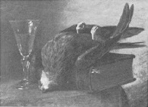 Erlegter Raubvogel auf einem Folianten