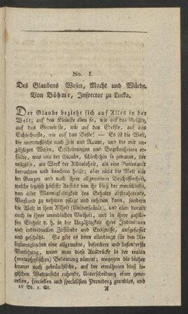 No. I. Des Glaubens Wesen, Macht und Würde. Von Böhme, Inspector zu Lucka