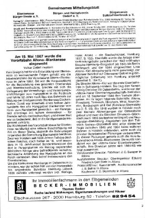 Am 19. Mai 1867 wurde die Vorortsbahn Altona-Blankenese eingeweiht