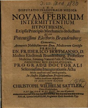 Disputatio Inauguralis Medica Sistens Novam Febrium Intermittentium Hypothesin : Ex ipsis Principiis Mechanicis deductam