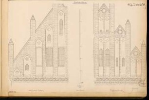 Dorfschule Monatskonkurrenz August 1878: Aufriss westlicher und östlicher Giebel (Vorderansicht); Maßstabsleiste