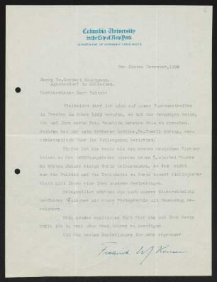 Brief von Frederick W. J. Heuser von Columbia University / Department of Germanic Languages  an Gerhart Hauptmann