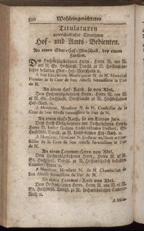 Titulaturen unterschiedlicher Vornehmen Hof- und Amts-Bedienten.