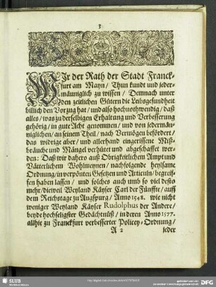 Wir der Rath der Stadt Franckfurt am Mayn, Thun kundt und jedermänniglich zu wissen …