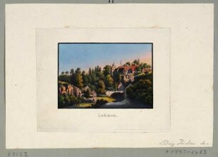 Ortsansicht von Lohmen über dem Wesenitztal in der Sächsischen Schweiz mit Schloss und Kirchturm von Westen, aus Andenken an die Sächsische Schweiz von C. A. Richter 1820