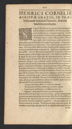 [...] Oratio, In Praelectionem convivii Platonis, Amoris laudem continens.
