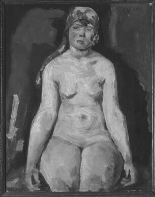 Sitzender weiblicher Akt mit Kopftuch : Gußmann, Otto: Sitzender weiblicher Akt mit Kopftuch. 1924. Öl auf Leinwand; 50 x 40 cm. Stadtmuseum Bautzen 1280. Ausstellung "Otto Gußmann", 14.03.-19.04.1992. Dresden: Kunst Haus Dresden, Rähnitzgasse