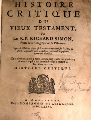Histoire Critique Du Vieux Testament