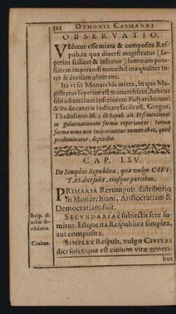 Cap. LXV. De Simplici Republica, quae vulgo Civitas dici solet, eiusque partibus.