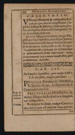 Cap. LXV. De Simplici Republica, quae vulgo Civitas dici solet, eiusque partibus.