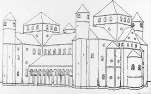 Hildesheim, St. Michael, ehem. Benediktiner-Klosterkirche, Rekonstruktion des ersten Baus nach Fertigstellung um 1022, von Südosten