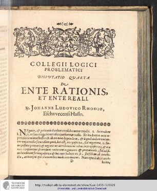 Collegii Logici Problematici. Disputatio quarta. De Ente Rationis, et Ente Reali.