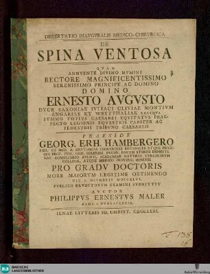 Dissertatio Inavgvralis Medico-Chirvrgica De Spina Ventosa : Pro Gradv Doctoris More Maiorvm Legitime Obtinendo Die I. Octobris MDCCXLVI. Pvblico Ervditorvm Examini Svbmittit